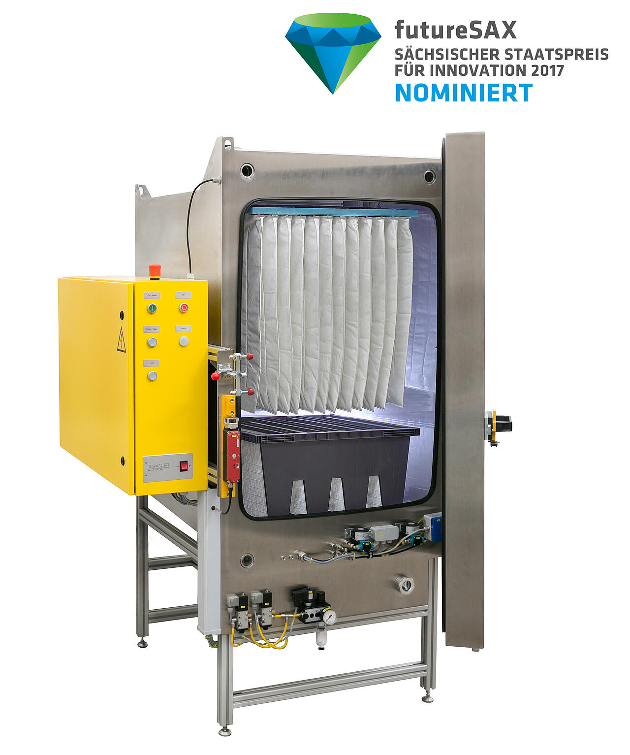 Konditionierungskabinett zur Pr&uuml;fung von Reinluftfiltern nach ISO 16890-4 mit Logo von futuresax Nominiert